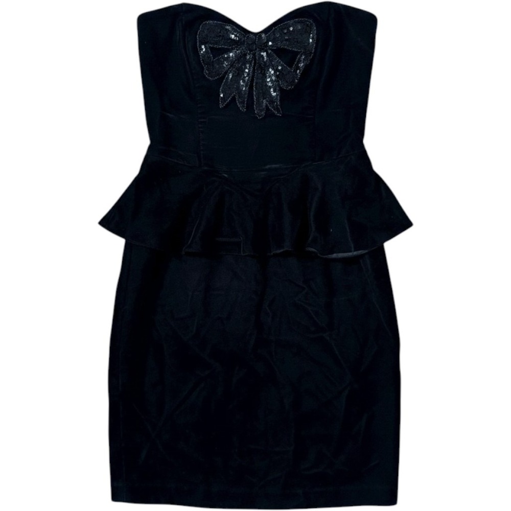 Gunne Sax Dress 7 Black Velvet Sequin Bow Peplum Strapless Cocktail 80s Vintage